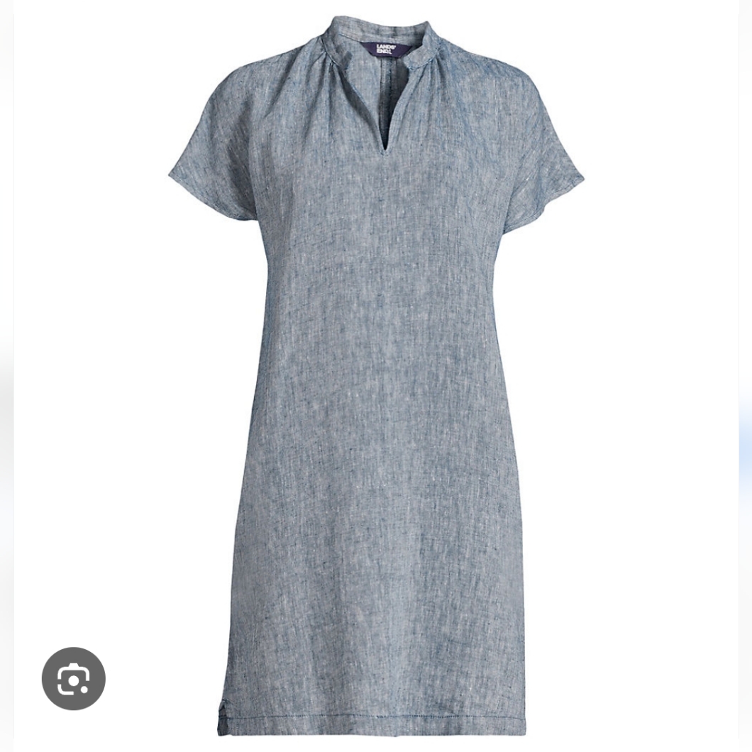 Lands' End Womens Linen Split V-Neck Above Knee Dress With Pockets Size S.